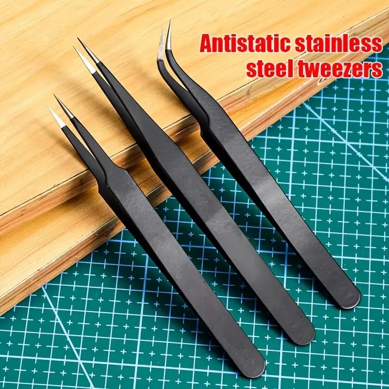 Black ESD Anti-Static Stainless Steel Tweezers Precision Maintenance Industrial Repair Home Working Model Making Hand Tools Set