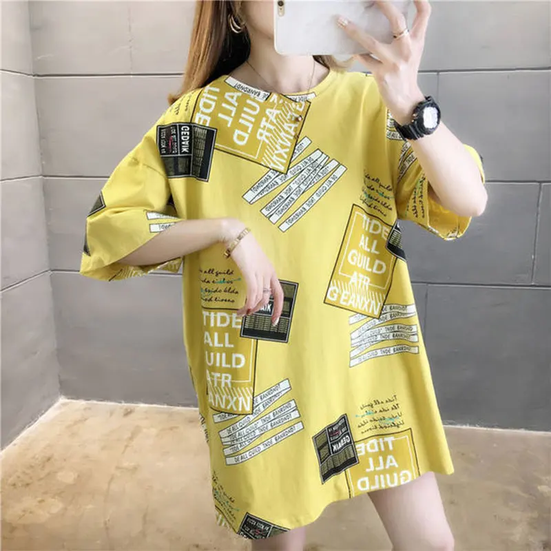 

Elegant Fashion Harajuku Slim Fit Female Clothes Loose Casual All Match Tops Women Printed O Neck Insert Short Sleeve T-shirts