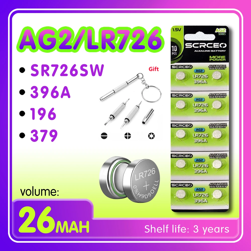 2-10PCS LR726 AG2 SR726SW、LR726、396A、196、379 1.5V lithium manganese dioxide button battery, suitable for calculators, watches