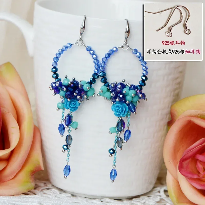 S925 Silver Ear Hook Ethnic Hand-woven Earrings Boho Chic Rose Flower Drop Earring for Women Long Beaded Jewelry Gift