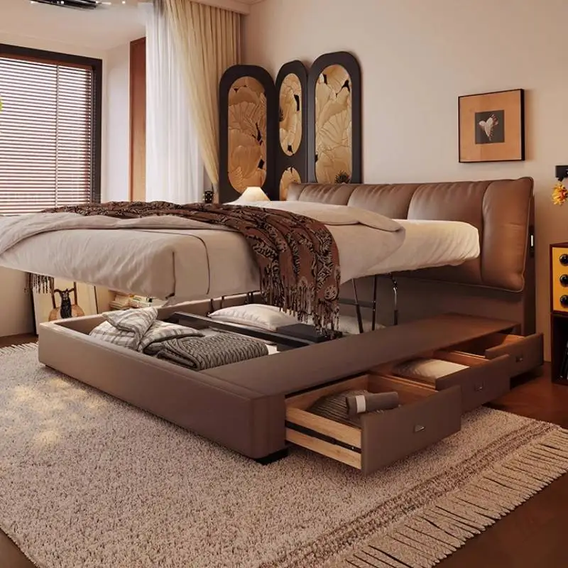 

Leather Brown Design Double Bed Frame Luxury Modern Pliable Wooden Double Bed King Size Storage Cama Matrimonial Furniture Home