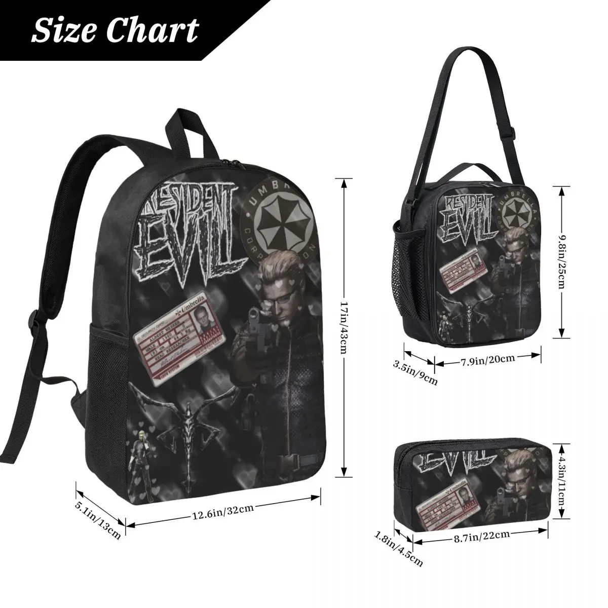 3Pcs Albert Wesker Backpack Set for Children Pen Bags Bookbag Sets with Lunch Box For Primary School Students Knapsack