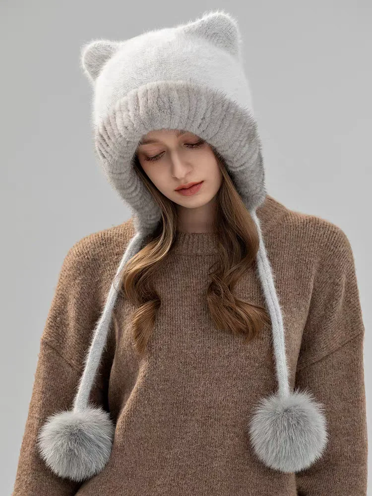 Cute Cat Ear Wool Knitted Mink Fur Hat with Pom Poms Warm Winter Earflap Hats for Women