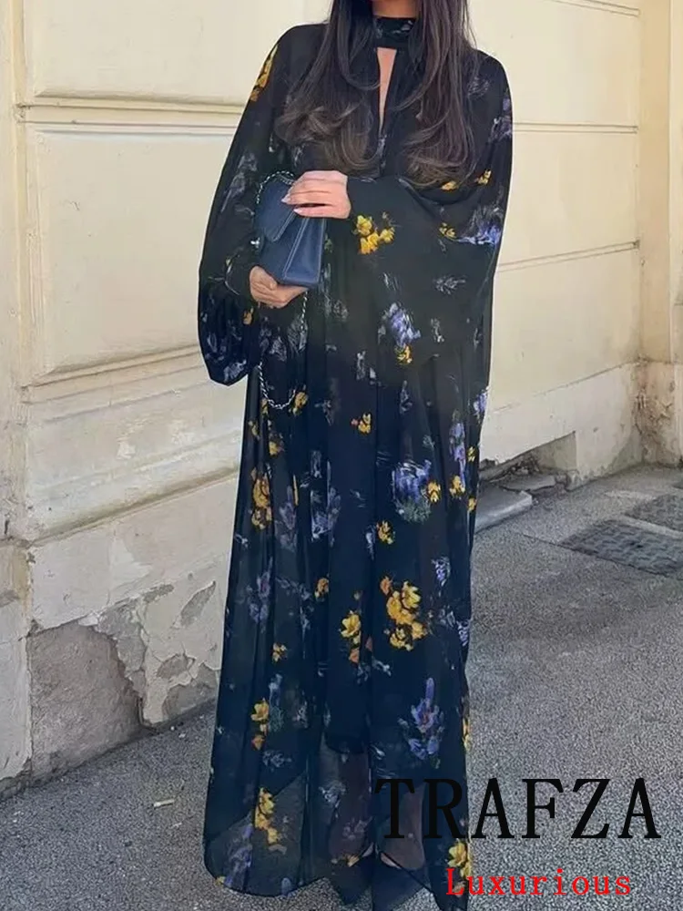 

TRAFZA Vintage Chic Women Printing Dress Halter Long Sleeve Zipper Loose Long Draped Vestidos Fashion 2025 Summer Holiday Dress