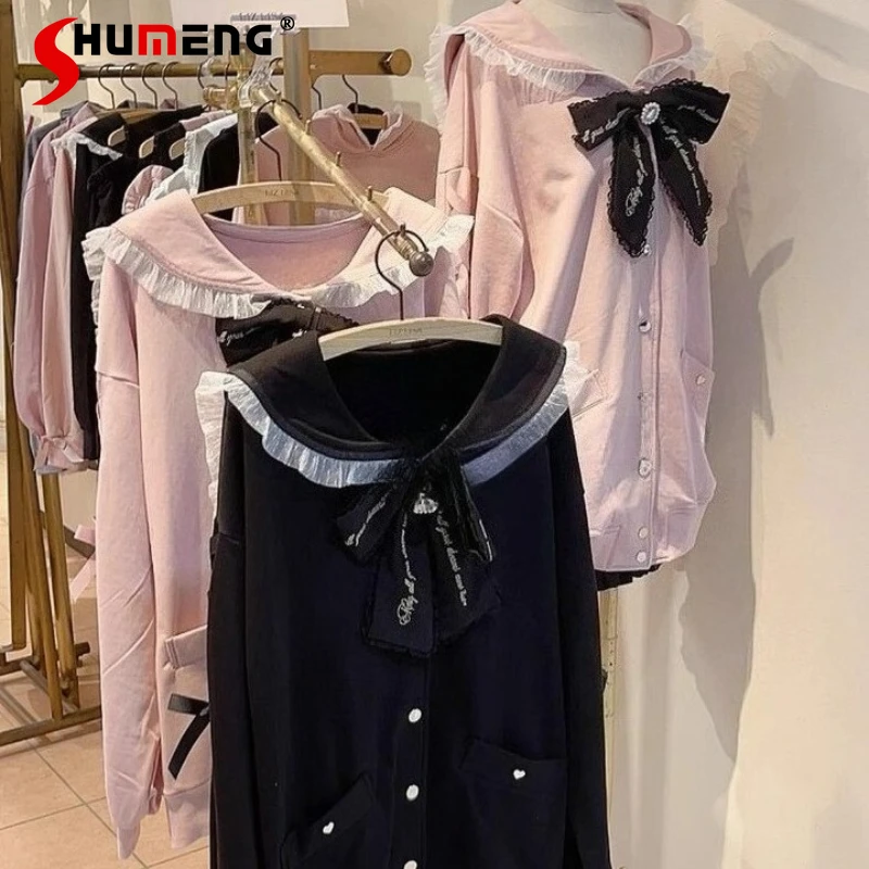 

Japanese Liz Jackets Women Mine Mass-Produced Sailor Collar Ribbon Bow Hoodies Women Autumn Sweet Y2K Cute Oversized Sweatshirt