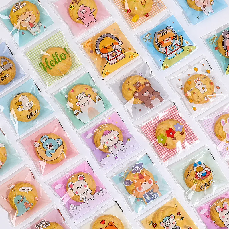 100Pcs 7x7+3cm Plastic Cartoon Self-Adhesive Bag Bakery Packaging Cookie Snack Candy Bags Birthday Party Gift