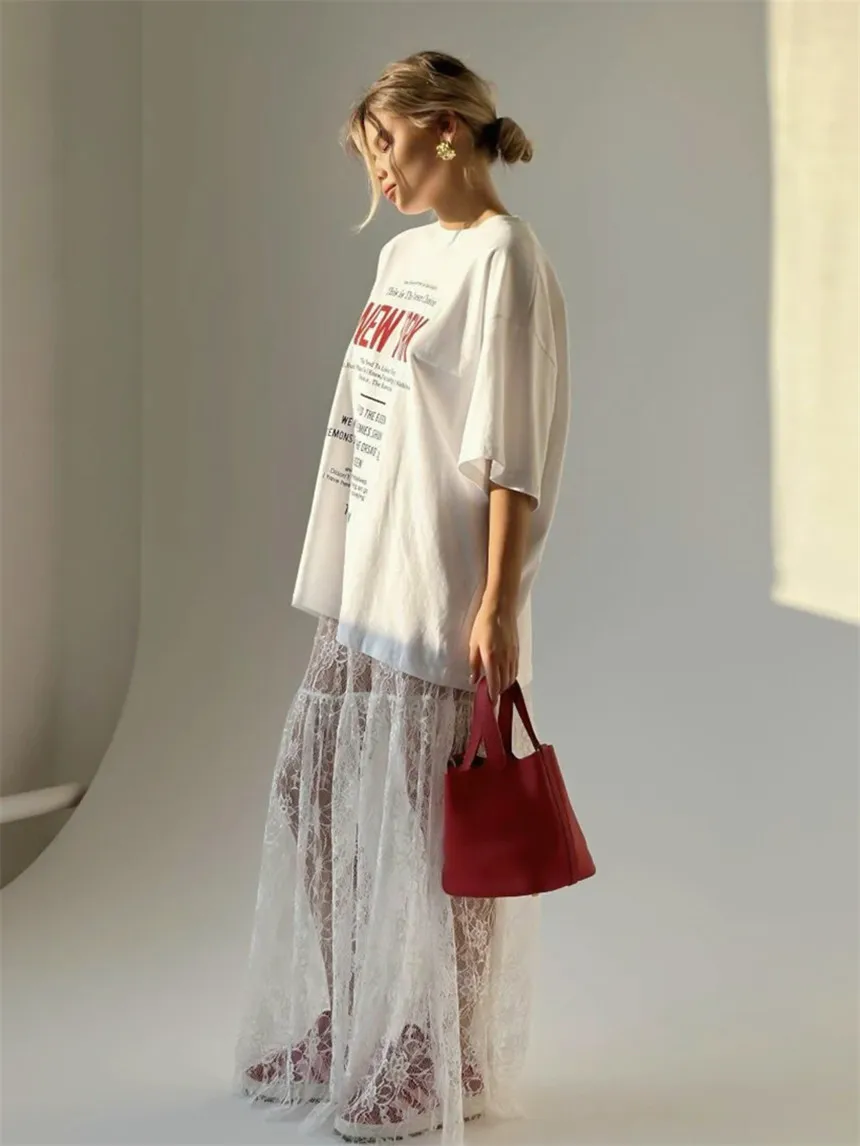 Aligaia New Women's Sexy Lace Jacquard Transparent Skirt, High Waist, Casual Long Skirts, Streetwear Fashion, Summer, New, 2026