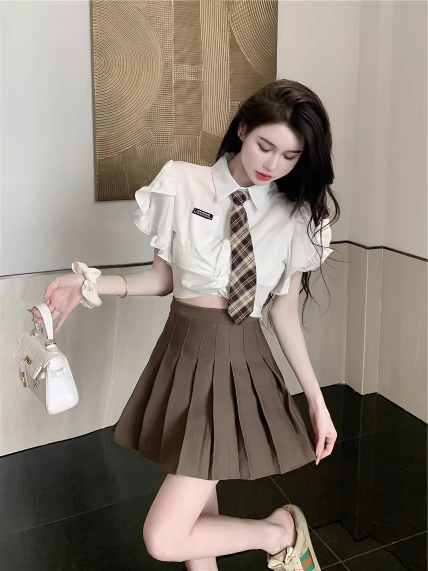 

Sweet And Spicy Girl School Uniform Set Women's Summer JK Uniform White Shirt Top Pleated Skirt Korean Drama Two-Piece Set