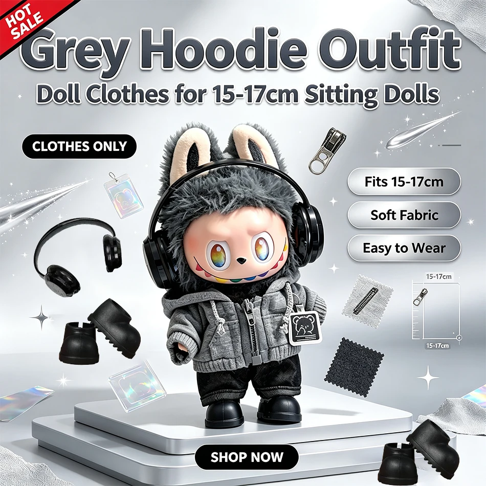 15‑17cm Labubu Big Into Energy Series Doll Outfit Grey Black Casual 3‑4Pcs Hoodie Set Fashion Sweatshirt Jacket Lovely  Gift