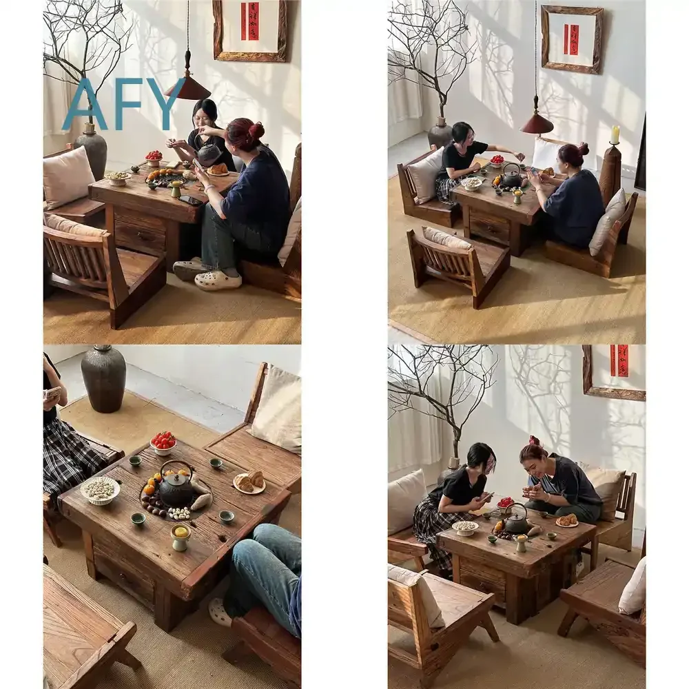 Solid Wood Kotatsu Table for Outdoor Patio Balcony Rustic Zen Style Old Elm Fire Table for Hot Pot Barbecue Tea Table for