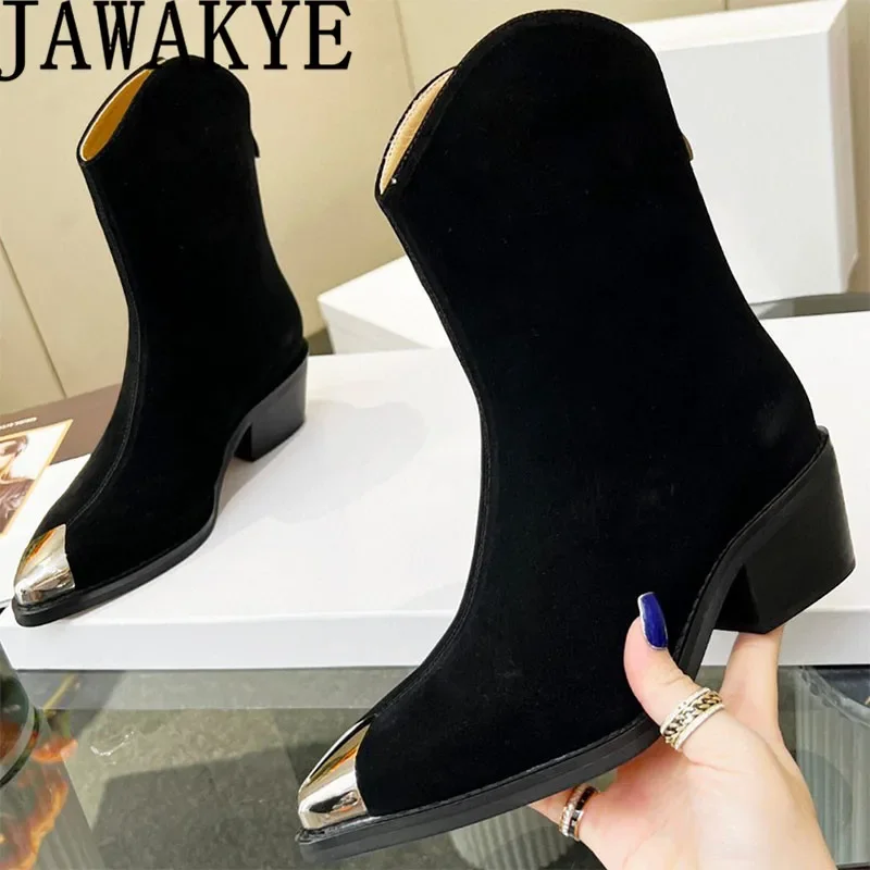 Zimowe designerskie buty damskie Chelsea Boots Metal Toe Back Zip Short Boots Women Pointed Toe Chunky Heel Ankle Boots Suede Leather