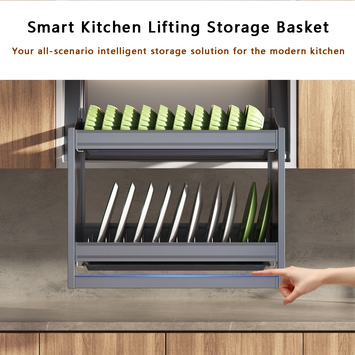 

Smart Dish Rack Electric Pull Down Cabinet Organizer-Touch Switch Kitchen Pull Down Shelf for Upper Cabinets TSW-A