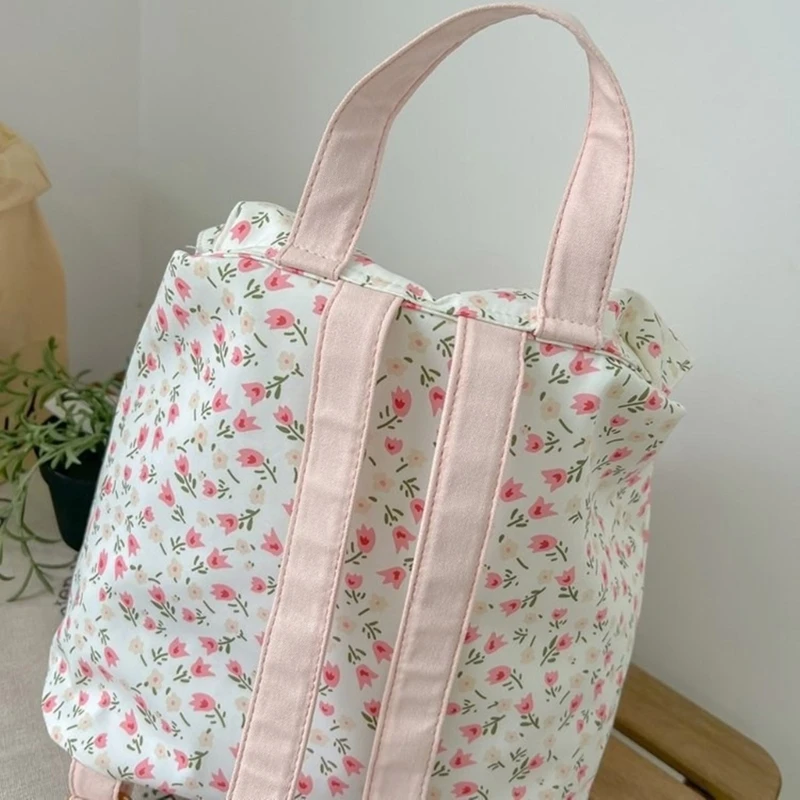 Sweet Floral Nylon Backpack for Women Girls Casual School Bag with Double Pockets and Top Flap Small Shoulder Daypack