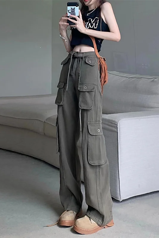 

2025 New American Retro Multi-pocket Design Work Pants for Women Summer New Hottie Casual Wide-leg Floor-length Pants m35