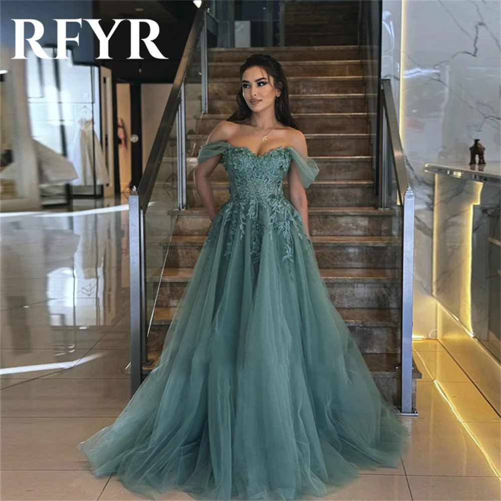 

RFYR Elegant Green Evening Dresses Off the Shoulder A Line Arabic Israel Prom Dress Appliques Formal Women Party Gown Customized