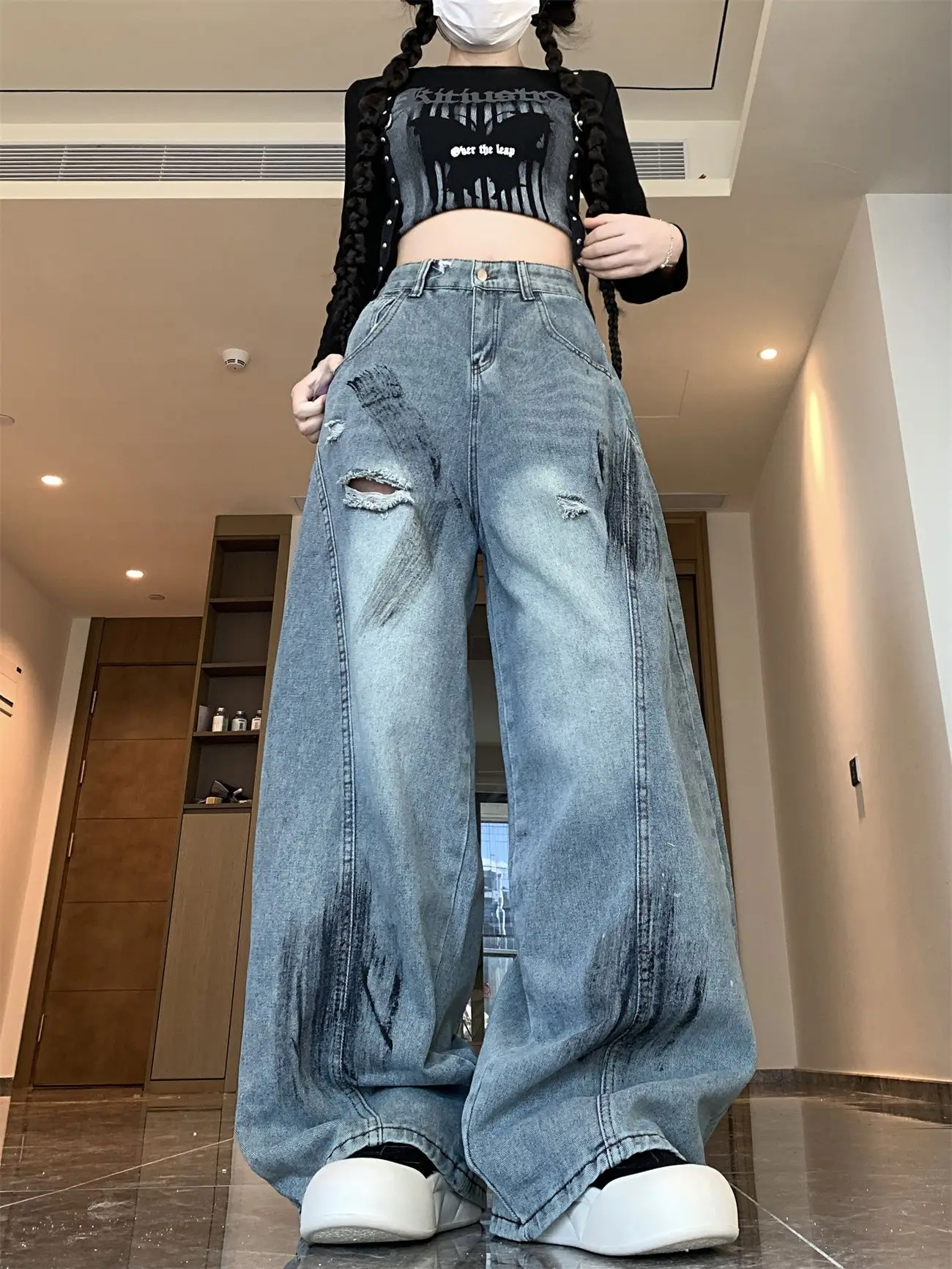 

Women's Blue Ripped Jeans Loose Casual 2000s Y2k American High Street Gothic Autumn Thin Wide-Leg Pants Bloomers Trendy Jeans