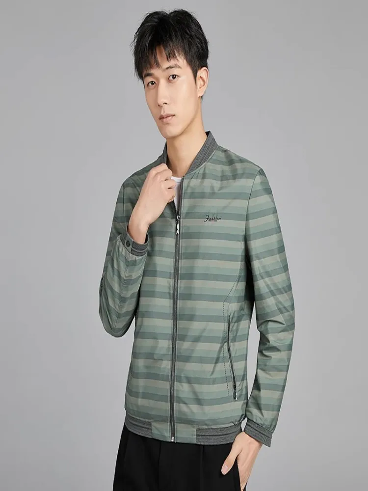 

Модная повседневная куртка в полоску для мужчин, весна 2023, приталенный крой, длинный рукав, на молнии, верхняя одежда, молодежная весенняя куртка