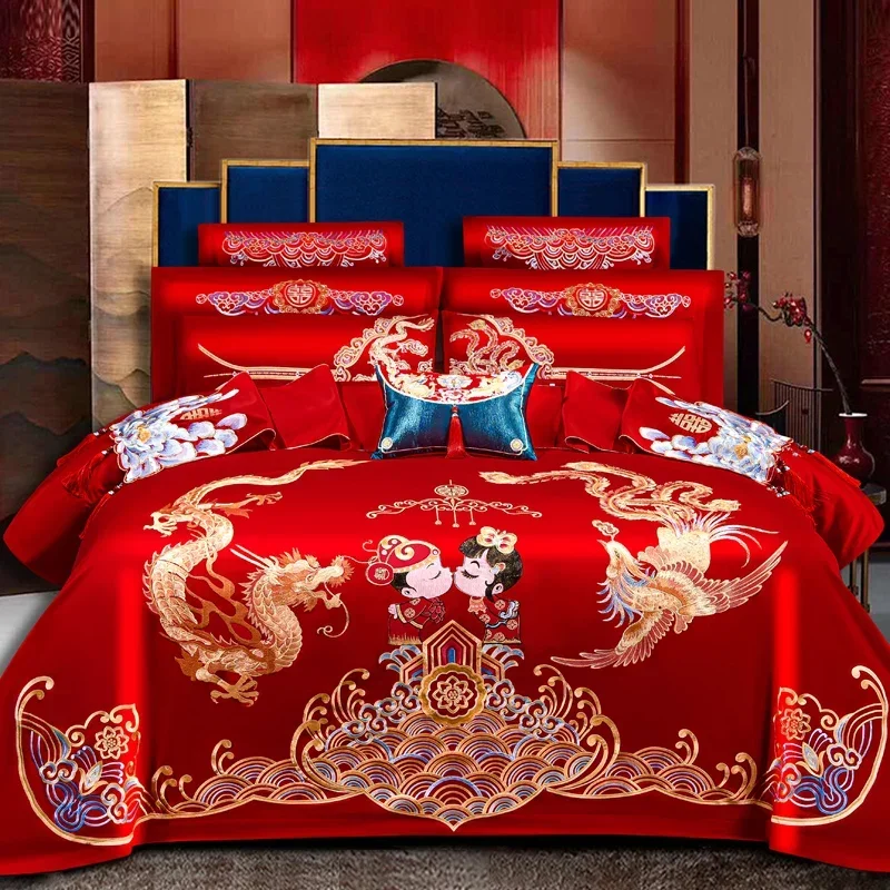 

Wedding Four-Piece Set Embroidered Dragon and Phoenix Wedding Festive Red Quilt Cover Bed Sheet Wedding Room Bedding