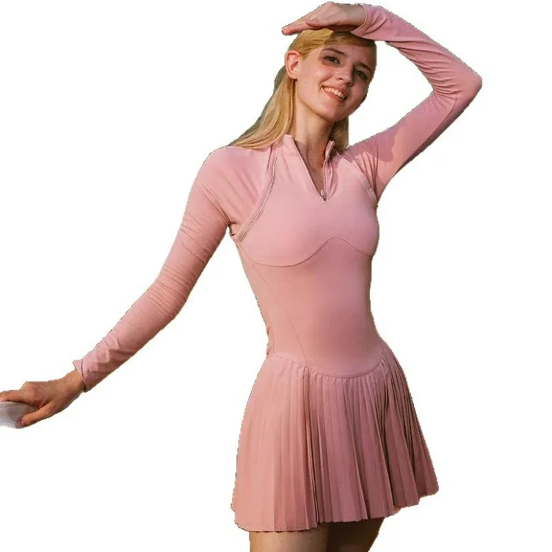 

2025New Zipper Stand-up Collar Long-sleeved Dress Women's Outdoor Running Anti-light Fitness Sports Skirt Tennis Skirt Set