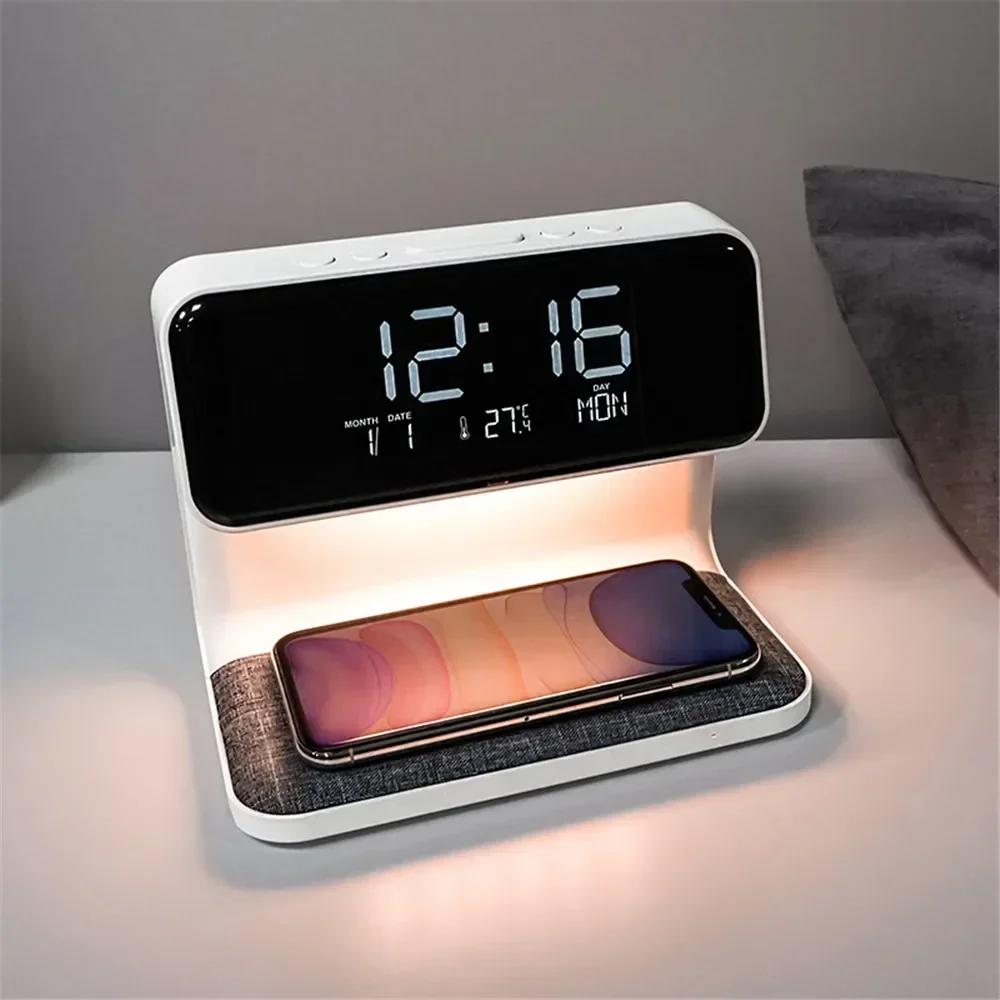 LED Adjustable Night Light 10W Wireless Charge with Digital Alarm Clock Touch Bedside Atmosphere Desk Lamp Brightness Bedroom