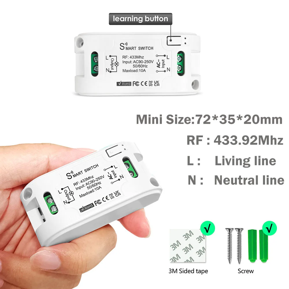 RF 433 Mhz Universal Wireless Remote Control 433 Mhz Switch 110V 220V 230V 10A Relay Mini Receiver Remote Control for Gate Light