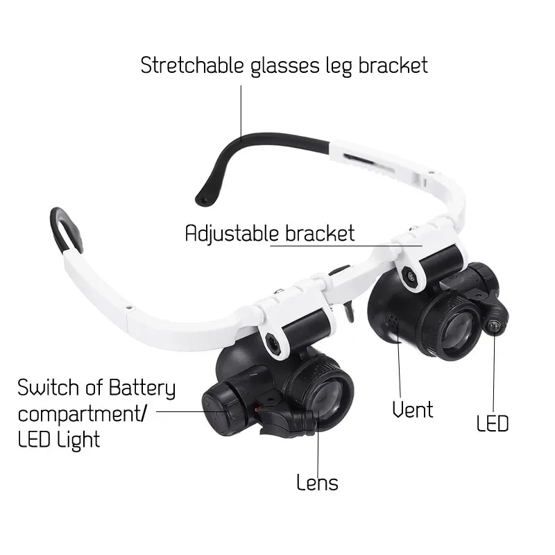 Head Mounted Glasses Magnifier With LED Light Magnifying Glass led lupa For Watchmaker Jewelry Optical Len Glass Magnifier Loupe