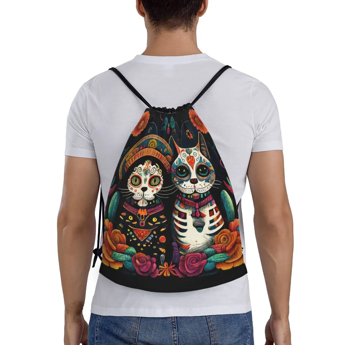 

Day Of The Dead Kitten Cat Sugar Skull Dia De Los Muertos Backpacks Casual Drawstring Bags Sports Bag Book Bags for Travel