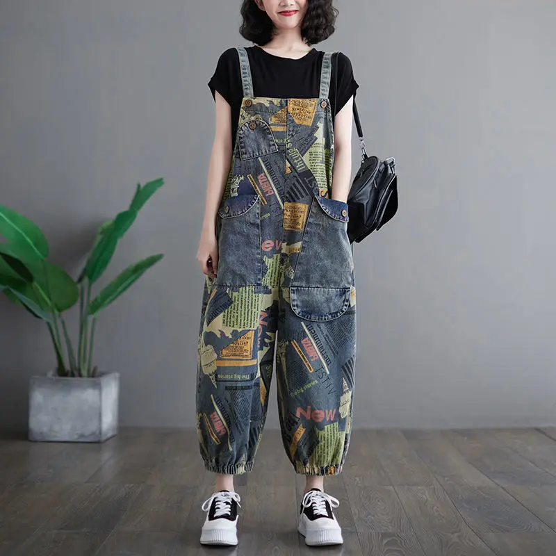 

Women's Casual Printed Denim Jumpsuit Summer Spaghetti Strap Sleeveless Loose Jeans Rompers New Femlae Bodysuits