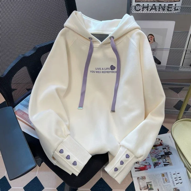 American Retro Love Embroidered Hooded Sweatshirt for Women Autumn Winter New Korean Style Loose Casual Top Ins