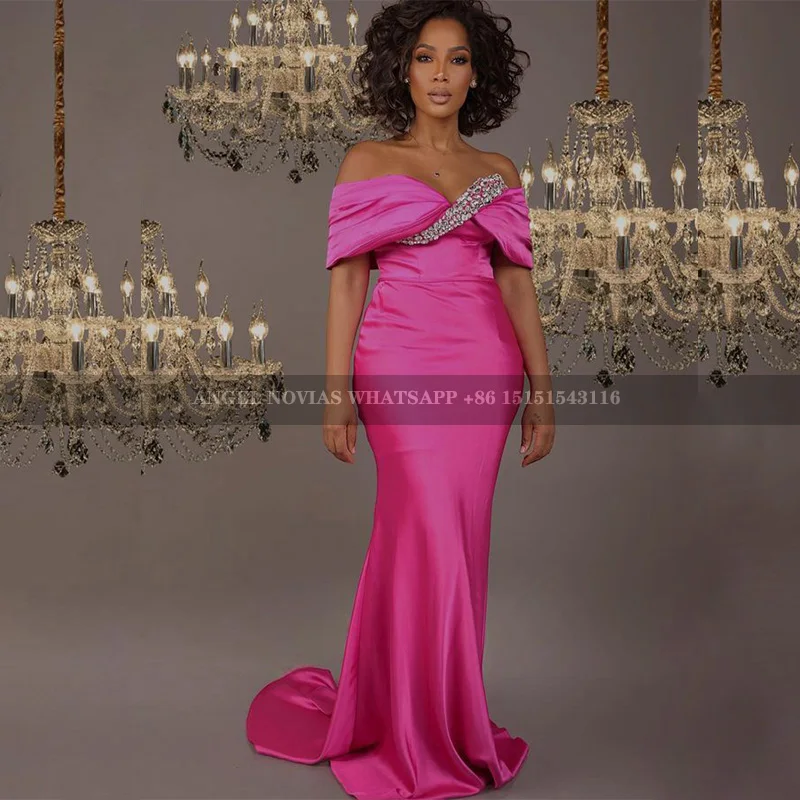 

Elegant Fuchsia Bridesmaid Dresses for Women Crystals Corset Satin Mermaid Long Wedding Party Gowns Evening Prom Dress