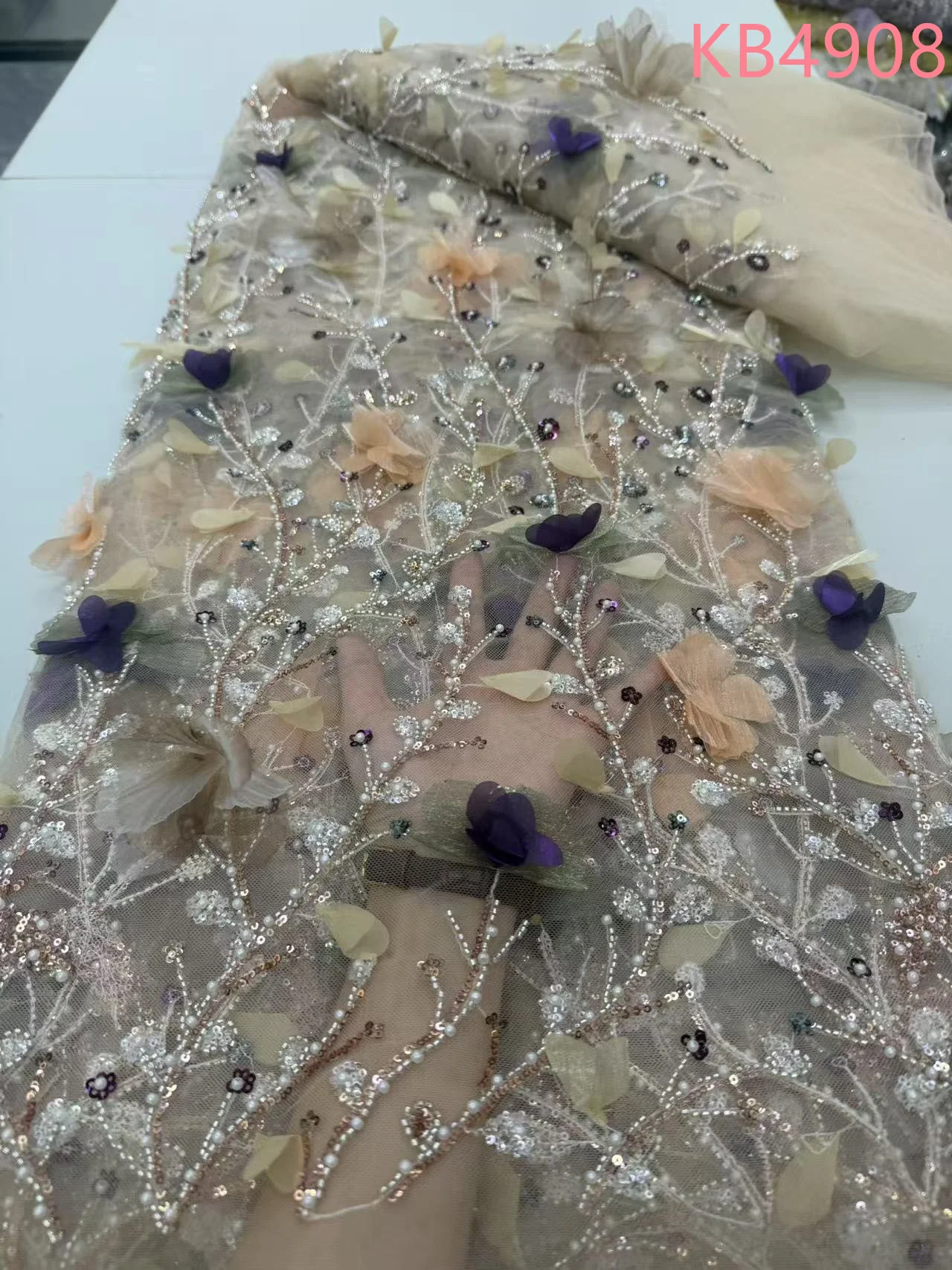 5 야드 아프리카 3D 꽃 페르시 자수 레이스 2025 스팽글 페르시 자수 스팽글 Tulle 레이스 원단 바느질 KB4908
