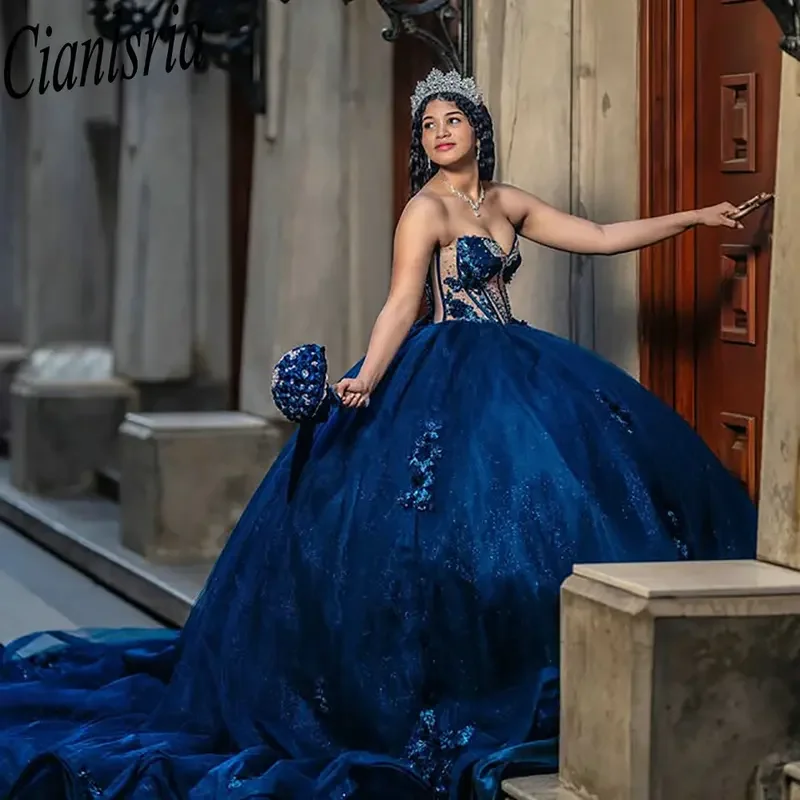 فساتين Quinceanera بدون أكمام باللون الأزرق الملكي ثوب حفلة زهور ثلاثية الأبعاد مزين بالدانتيل الحلو 15 Años المكسيكي حسب الطلب #3