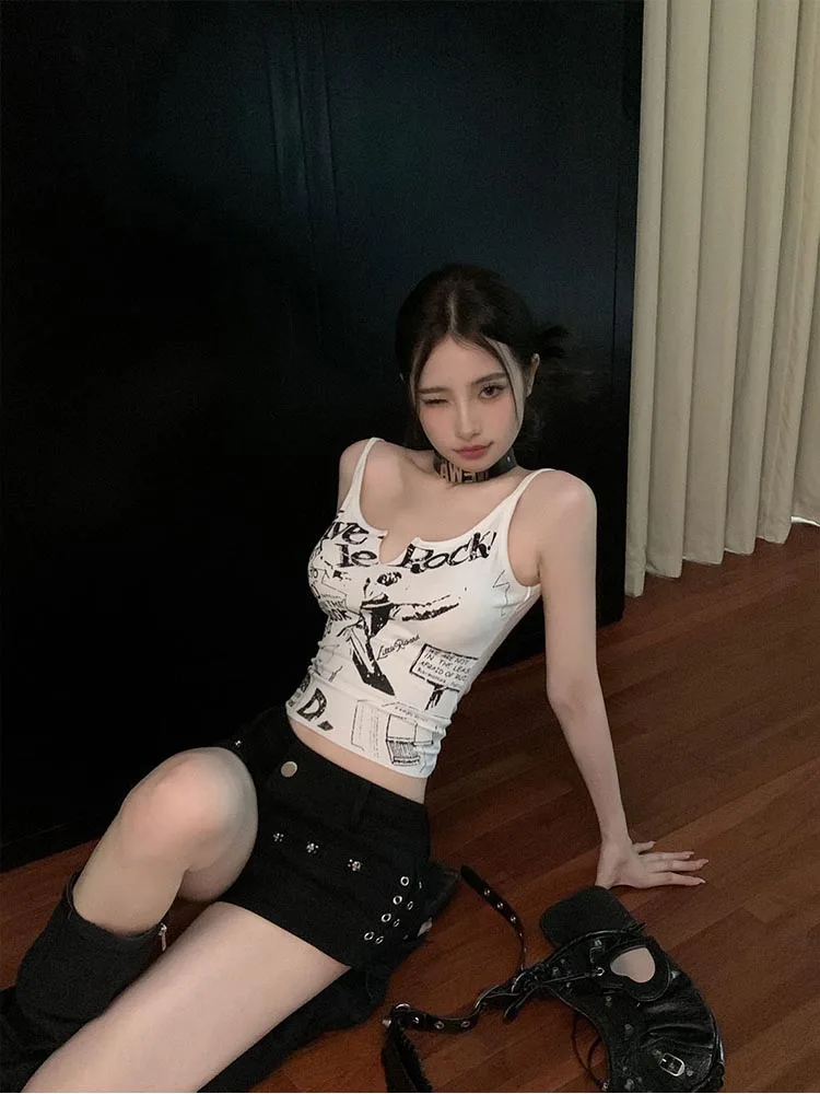 Y2K E-Girl Punk Print Sleeveless Ribbed Knit Tank Top For Women 2000s Crop Top Summer Fairy Grunge 90s Hippie Tee Korea Fashion