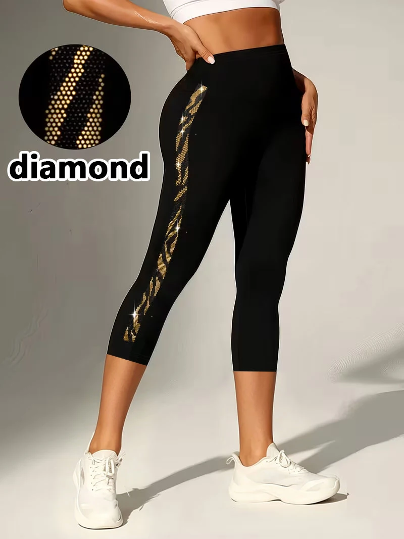 1392 Women's 7/8 Leggings, Solid Color Rhinestone Sparkle Tight Pants, High Waist Tummy Control