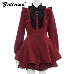 2024 New Japanese Lolita Girls SC Short Set Autumn Sweet Women's Lace Edge Cross Long Sleeve Shirt Dress and Shorts 2 Piece Set