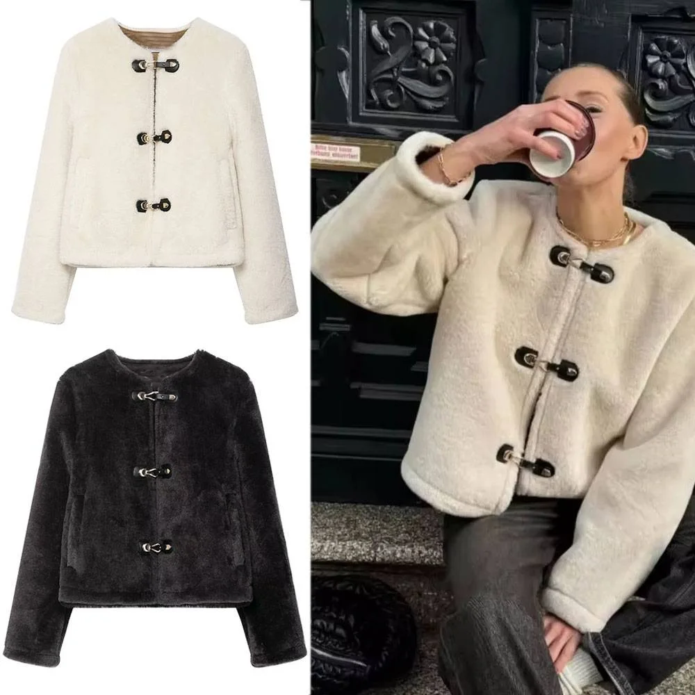 

Женское повседневное меховое пальто, осенняя теплая стильная веревочная узел, карманы на пуговицах, двусторонняя куртка с длинным рукавом и круглым вырезом, свободная верхняя одежда