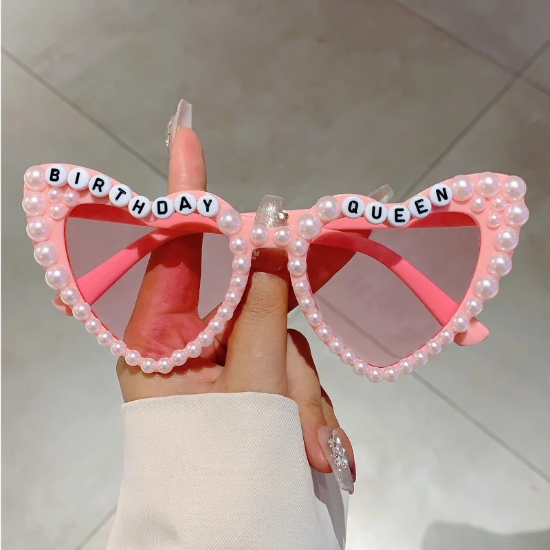 KAMMPT Birthday Queen Letters Pink Shades Heart Shaped Decor Present Glasses White Pearl Party Gift Props Frame for Ladies