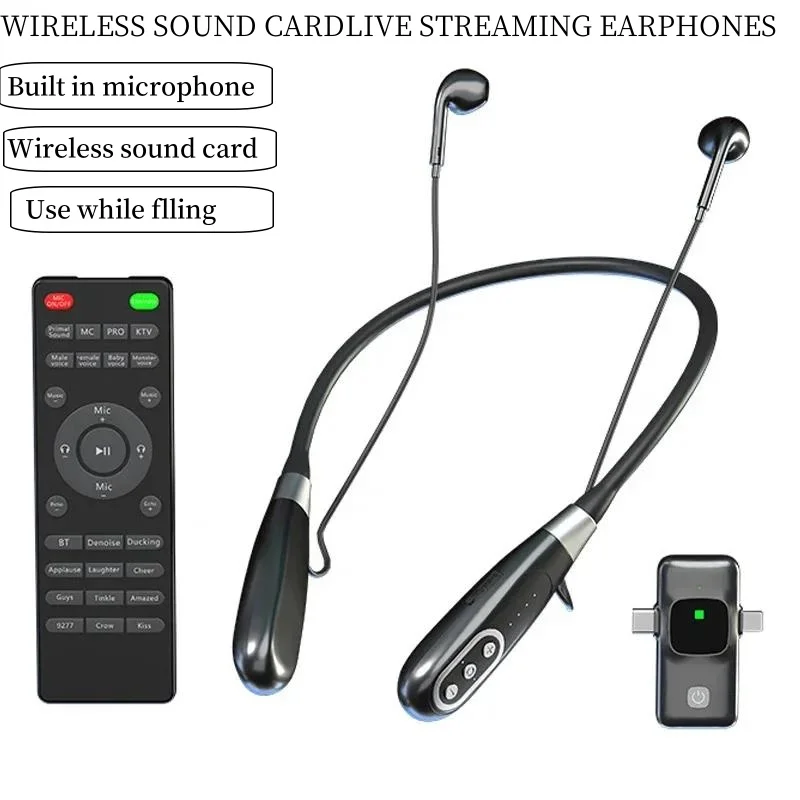 Portable Wireless Earphone Mobile Phone Live Broadcast Headphone Hanging Neck Headset Multifunctional Remote Contril Sound Card