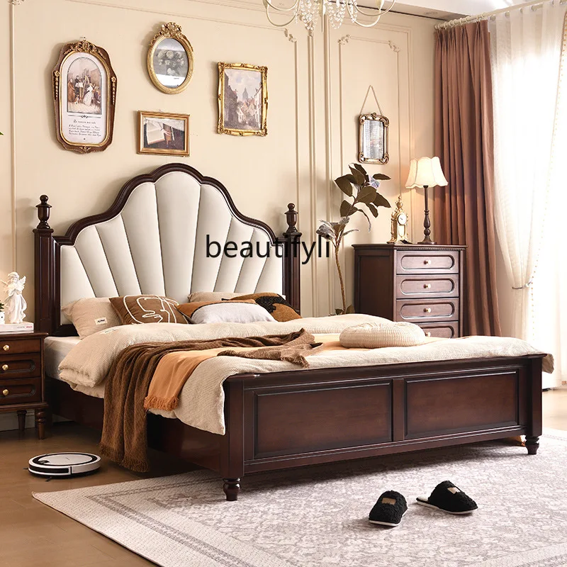 

Medieval soft bag solid wood, double bed, retro fabric bedroom furniture