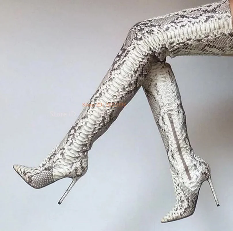 Light Grey Pointed Toe Snakeskin Pattern Stiletto Heel Thigh High Boots High Heel Pointy Stiletto Heeled Long Boots