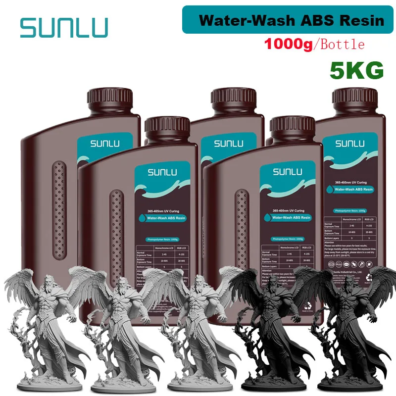 SUNLU 5KG Water Washable / Water Washable ABS Resin Resin 1000G/Bottle 405nm Rapid UV-Curing Photopolymer Resin For LCD 3D Print