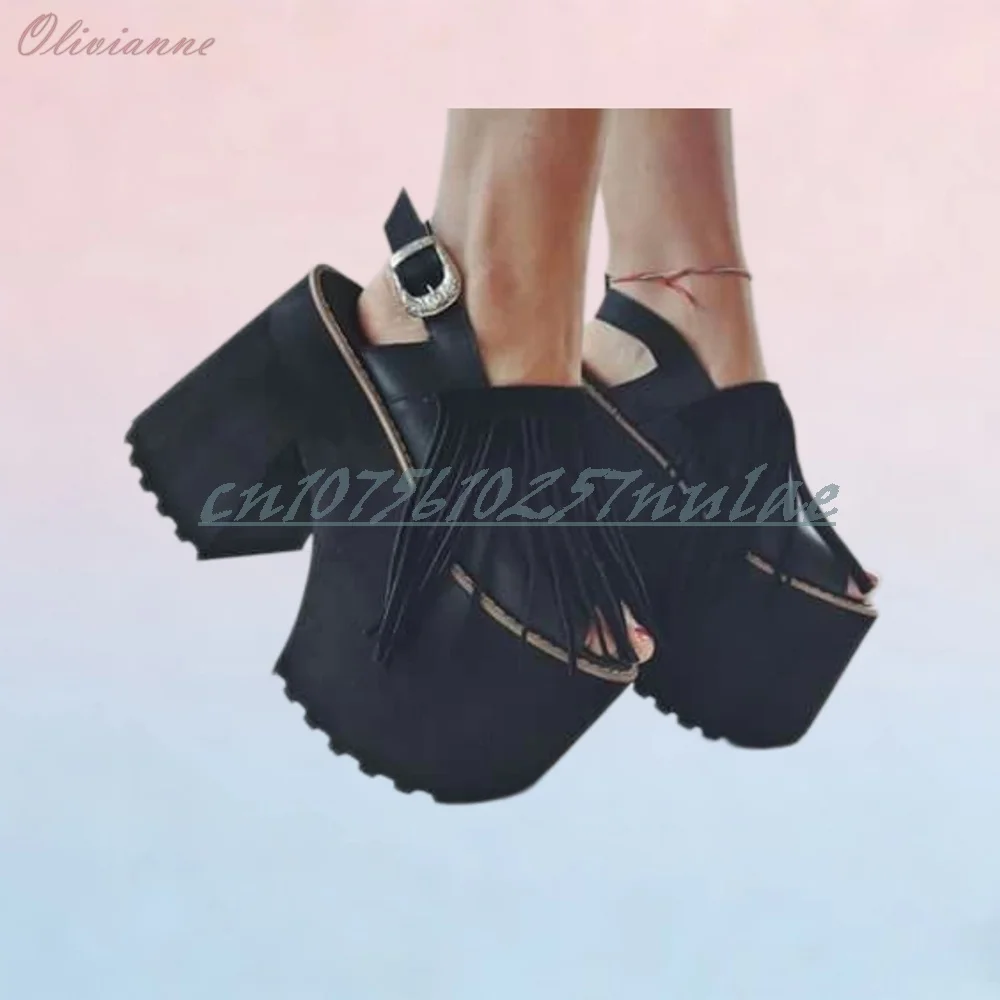 

Thickess Platform Front Tassels Decign Pumps Singback Open Toe Chunky Hgh Heel Runway Style Party Lady's Women Shoes