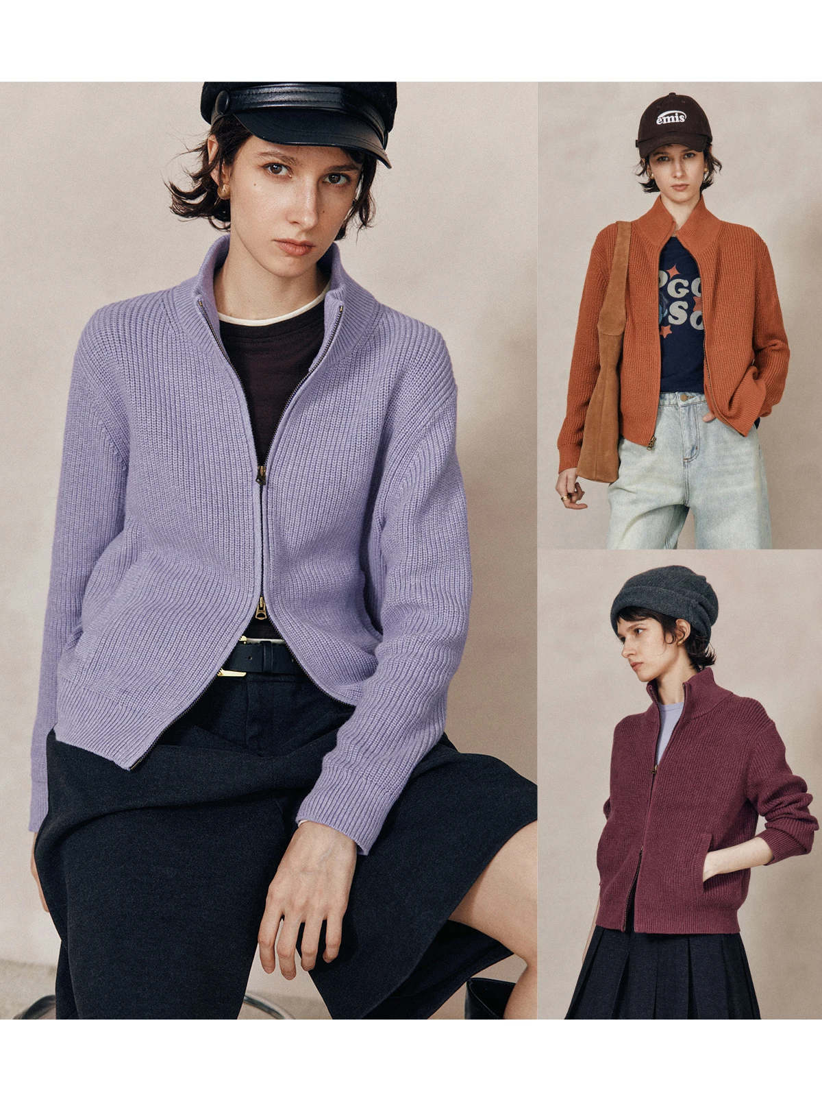 

Вязаный кардиган с высоким воротником в стиле ретро и двойной молнией, хлопковое шерстяное пальто с иглой, мягкое удобное женское пальто