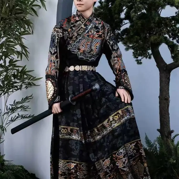 

Ancient Royal Python Robe Men Women Traditional Chinese Gold Woven Flying Fish Costume Halloween Warrior Cosplay Long Robe Suit
