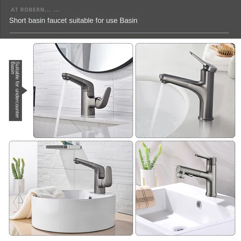 Brass Body Pull Out Basin Faucets Modern Simple Hot Cold Water Tap Deck Mounted Tap Single Handle Sink Mixer Bathroom Accessory
