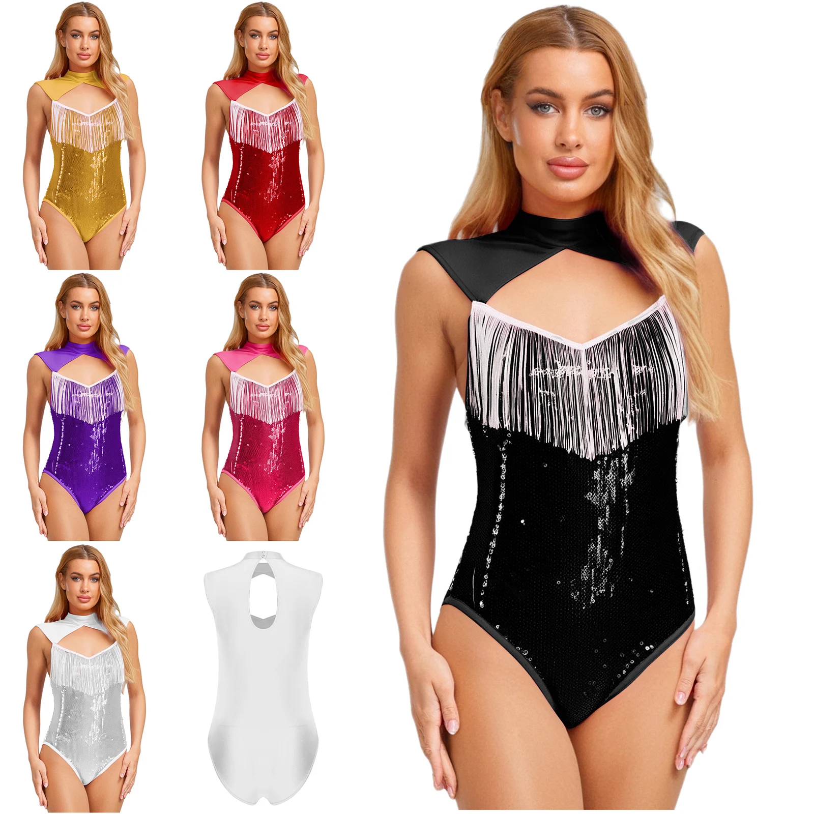 Women Fashion Jazz Cha-cha Figure Skating Dance Outfits Tassel Fringe Sparkling Dance Leotard for Club Party Stage Showing Wear