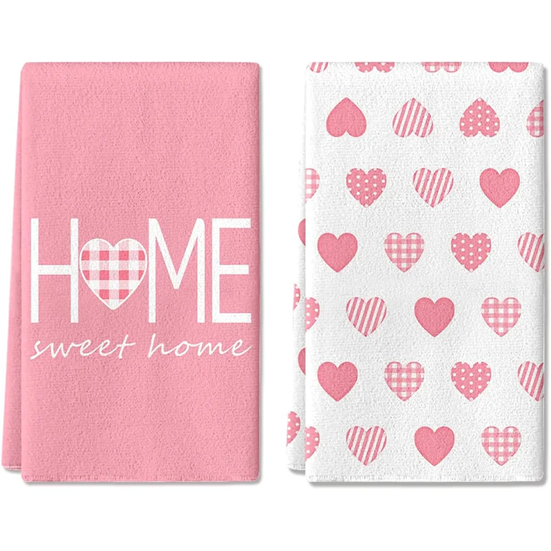 2Pcs, Valentine's Day Pink Heart Home Kitchen Towels, 40Cm*60Cm Towel Set, Super Absorbent Soft Cleaning Cloth, Cooking and Baking Tea Towel, Hand Towel, Cleaning Cloth, Dishwashing Cloth, Kitchen Decoration, Living Room Decorations, Kitchen Essentials, Home Essentials