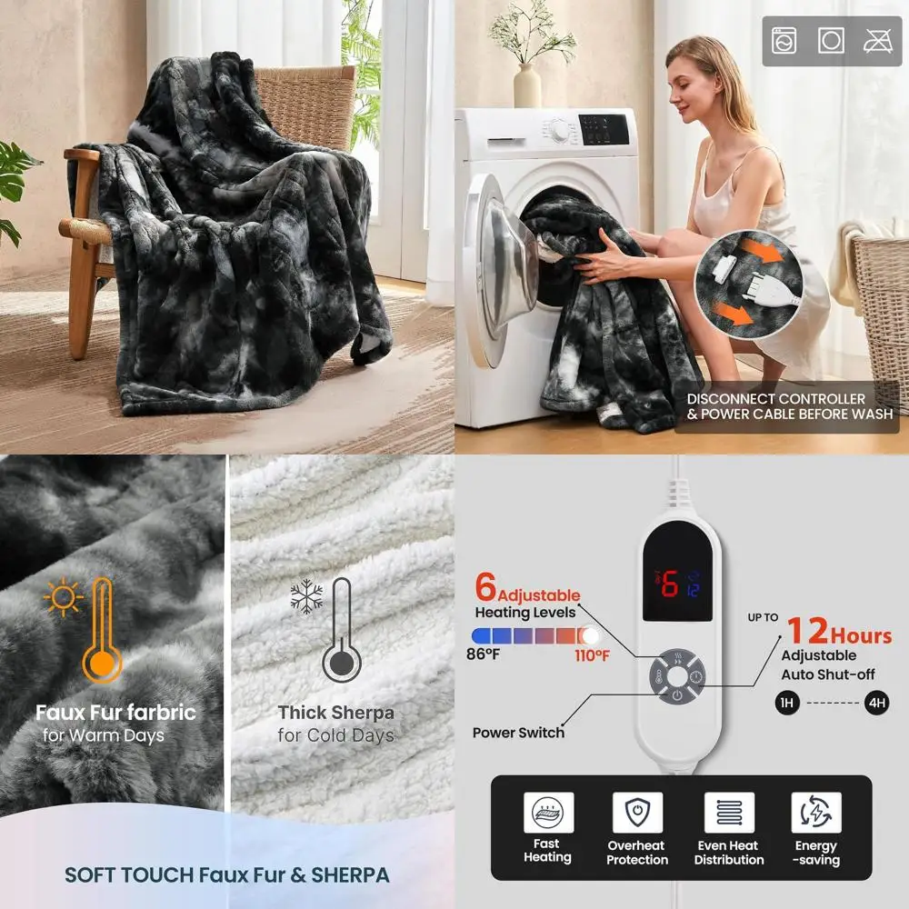 

62x84 Twin Size Black Faux Rabbit Fur Electric Blanket with 6 Heat Settings & 12-Hour Auto Shut-Off
