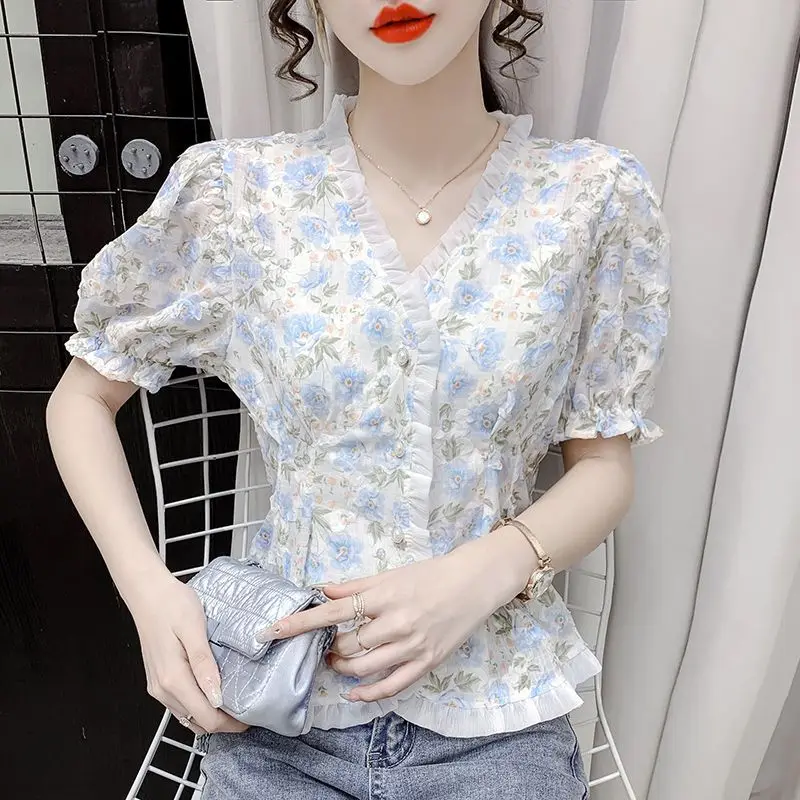 Korean Fashion Single-breasted Blouse 2023 Summer Ruffles Casual Broken Flower Printed Female Elegant V-Neck Gauze Spliced Shirt