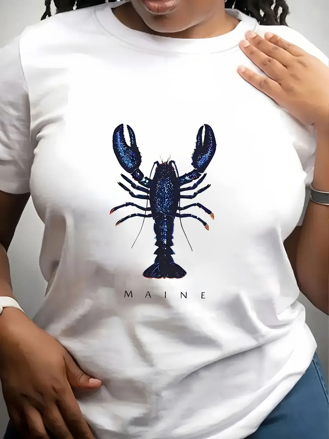 Women's Trendy Crew Neck T-Shirt Blue Glitter Lobster Maine Print Suitable for Casual Sportswear